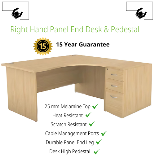 Radial Right Hand Corner Office Desk - Panel End - W1600xD1200xH725mm - Beech with 3 Drawer Desk High Pedestal 600mm